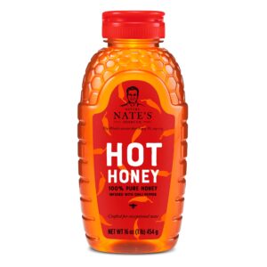 nate's hot honey - 100% pure honey infused with habanero chili pepper flakes, award-winning taste - 16 oz squeeze bottle