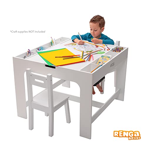 Renga Bricks Kids 2 in 1 Play Table and 2 Chair Set with Storage, Compatible with Lego and Duplo Bricks, Activity Table Playset Furniture with Modern White Color