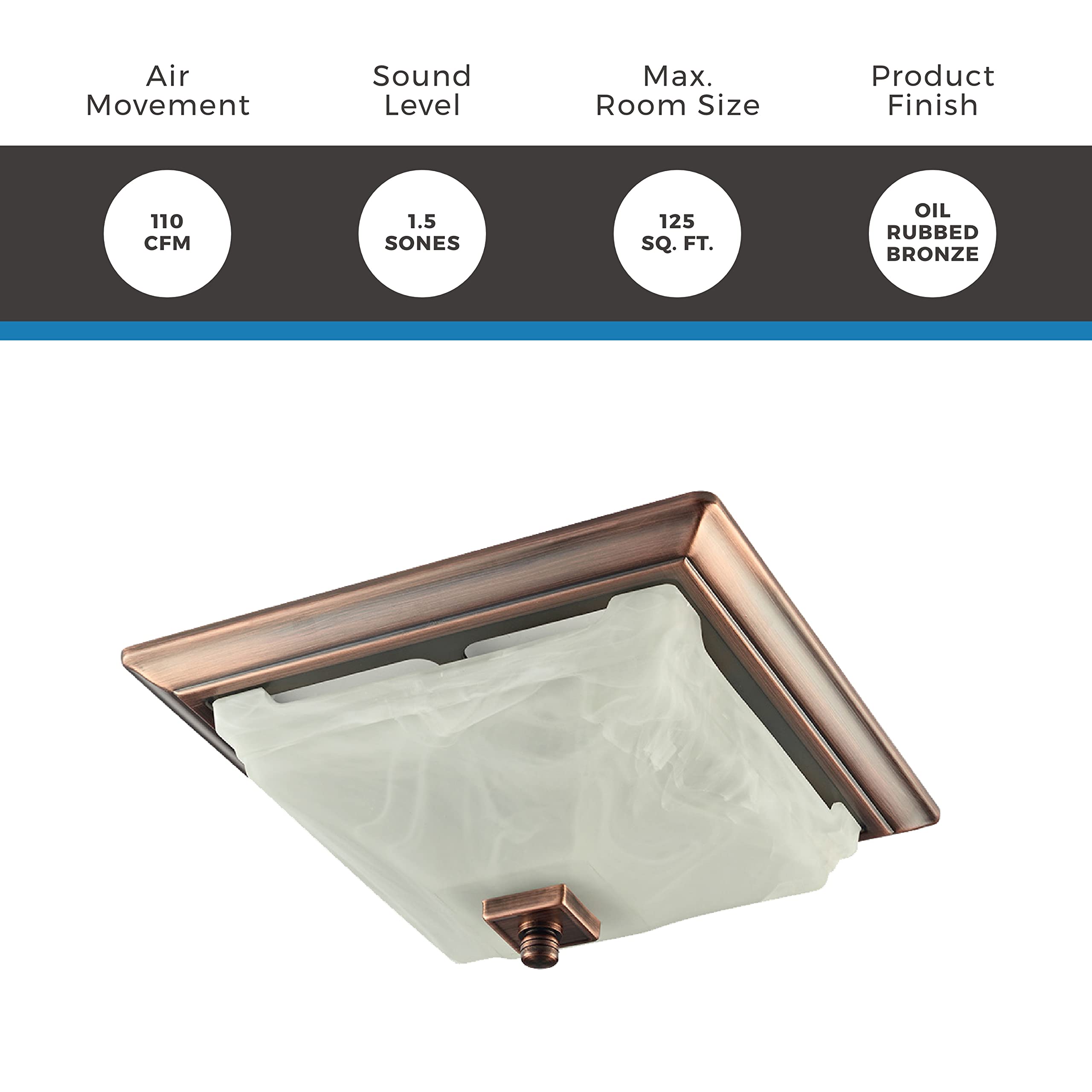 Lift Bridge Kitchen & Bath Decorative Square 110 CFM Oil Rubbed Bronze Bathroom Ceiling Ventilation & Exhaust Fan with Light and Glass Globe, Quiet 1.5 Sones Bath Fan