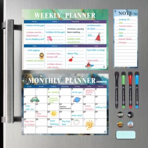 pubell dry erase calendar whiteboard for fridge - 3pcs set of monthly calendar for refrigerator, magnetic weekly schedule planner with notepad list for family kitchen planning board