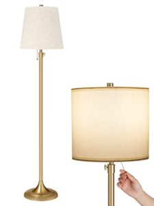 meisoda gold floor lamp, 9w 3 cct dimmable standing lamp with 2 linen lamp shades and pull chain for living room, bedroom, office, 58" to 65" adjustable height, modern brushed bronze design