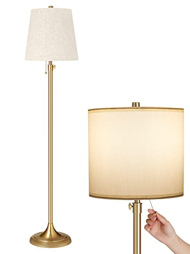 Meisoda Gold Floor Lamp, 9W 3 CCT Dimmable Standing Lamp with 2 Linen Lamp Shades and Pull Chain for Living Room, Bedroom, Office, 58" to 65" Adjustable Height, Modern Brushed Bronze Design