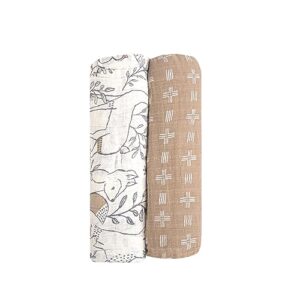 crane baby soft muslin swaddle, soft swaddle wraps for boys and girls, beige and woodland animal, 2 count, 47" x 47"