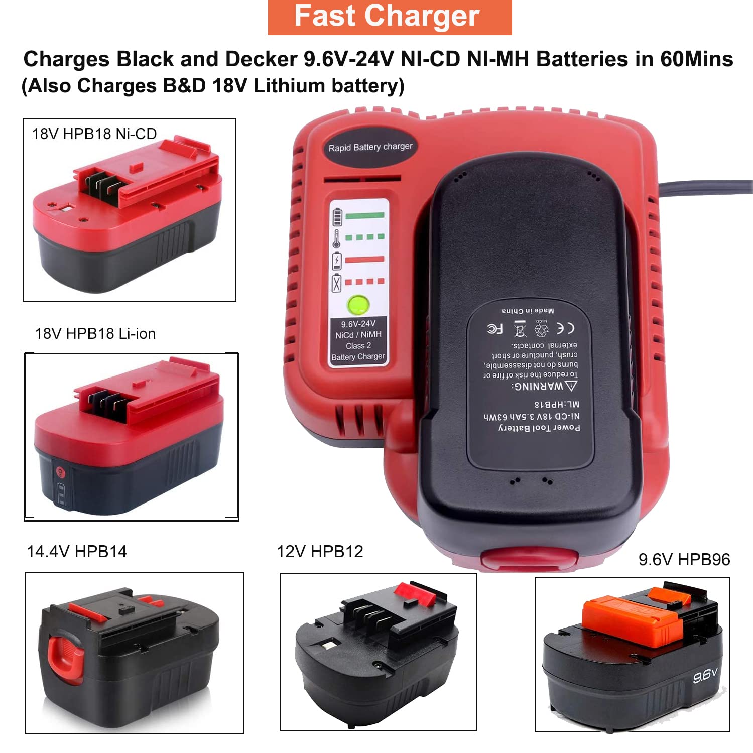 BDFC240 9.6V-24V Battery Charger for Black & Decker 18V 14.4V 12V 9.6V 24V Firestorm Battery NiCad & NiMh HPB18-OPE HPB18 HPB14 HPB12 HPB96 HPB24 244760-00 A1718 FS180BX FS18C FS18FL FSB18