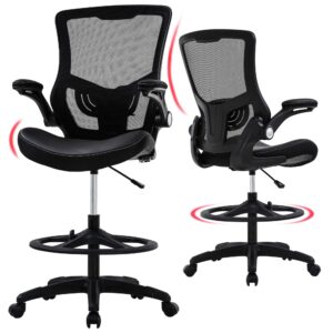 fdw drafting chair mid-back mesh tall office chair with flip-up arms desk chair with ergonomic lumbar support foot ring,black