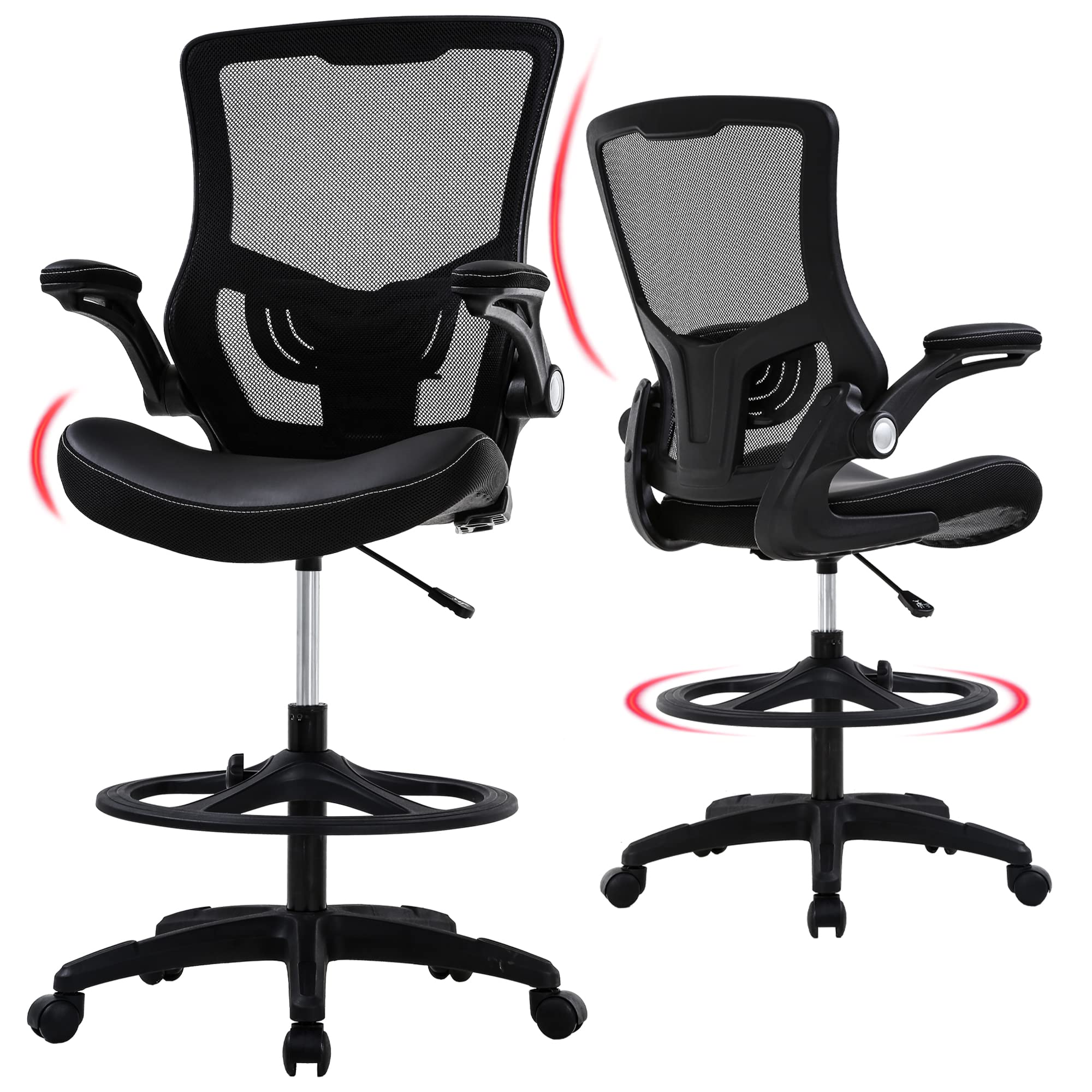 FDW Drafting Chair Mid-Back Mesh Tall Office Chair with Flip-Up Arms Desk Chair with Ergonomic Lumbar Support Foot Ring,Black