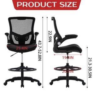 FDW Drafting Chair Mid-Back Mesh Tall Office Chair with Flip-Up Arms Desk Chair with Ergonomic Lumbar Support Foot Ring,Black