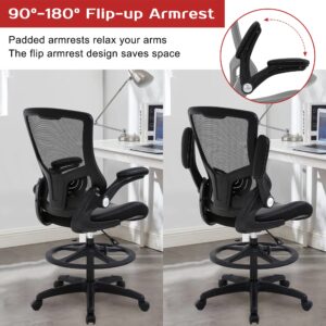 FDW Drafting Chair Mid-Back Mesh Tall Office Chair with Flip-Up Arms Desk Chair with Ergonomic Lumbar Support Foot Ring,Black