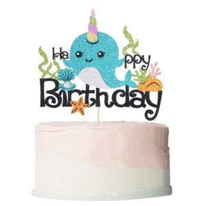 bekaterea narwhal happy birthday cake topper，narwhal baby shower decorations，birthday party cake decoration,ocean themed party cake decor (blue1)