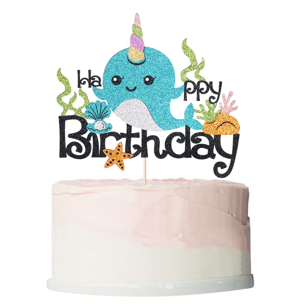 Bekaterea Narwhal Happy Birthday Cake Topper，Narwhal Baby Shower Decorations，Birthday Party Cake Decoration,Ocean Themed Party Cake Decor (blue1)