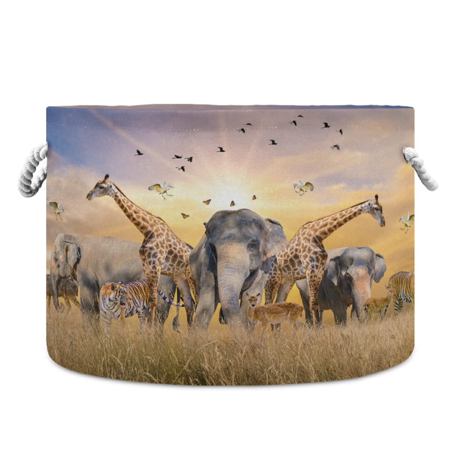 xigua African Safari Animals Round Storage Basket Collapse Canvas Fabric Storage Bin with Cotton Handles for Organizing Home/Kitchen/Nursery/Office/Kids Toy