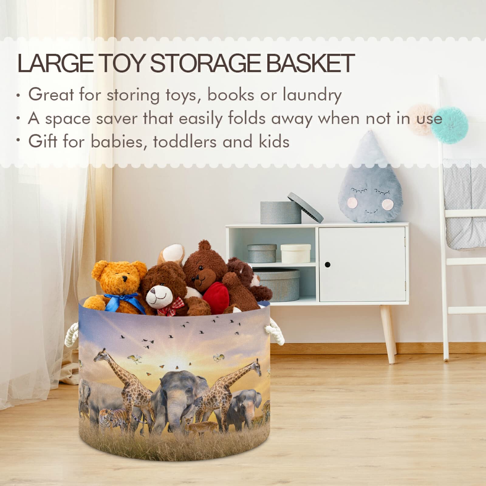 xigua African Safari Animals Round Storage Basket Collapse Canvas Fabric Storage Bin with Cotton Handles for Organizing Home/Kitchen/Nursery/Office/Kids Toy