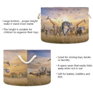 xigua African Safari Animals Round Storage Basket Collapse Canvas Fabric Storage Bin with Cotton Handles for Organizing Home/Kitchen/Nursery/Office/Kids Toy