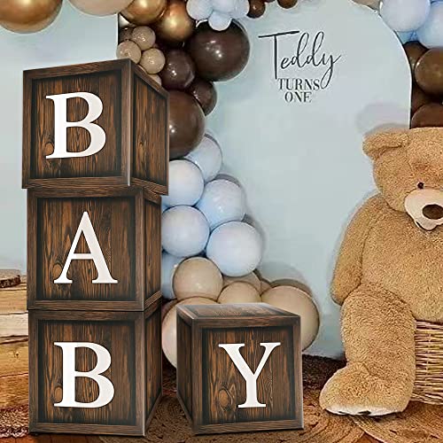 Wood Baby Shower Balloon Boxes, 4 Pcs Brown BABY Balloon Boxes with 30 Letter (A-Z + BABY) Wood Grain Printed for Boy Woodland Bear Baby Shower Party Decorations and Supplies