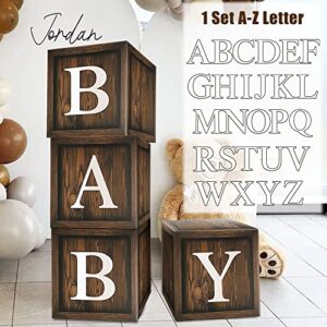 wood baby shower balloon boxes, 4 pcs brown baby balloon boxes with 30 letter (a-z + baby) wood grain printed for boy woodland bear baby shower party decorations and supplies