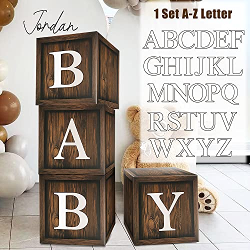 Wood Baby Shower Balloon Boxes, 4 Pcs Brown BABY Balloon Boxes with 30 Letter (A-Z + BABY) Wood Grain Printed for Boy Woodland Bear Baby Shower Party Decorations and Supplies