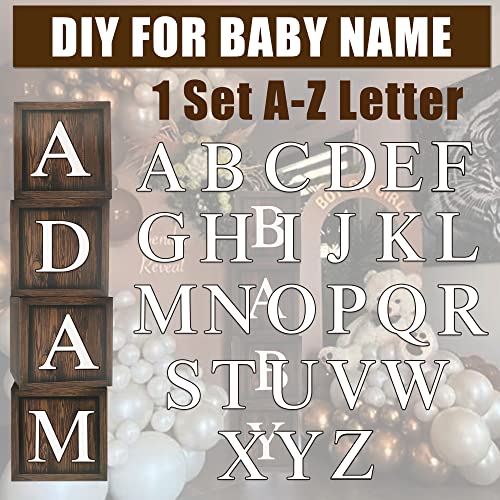 Wood Baby Shower Balloon Boxes, 4 Pcs Brown BABY Balloon Boxes with 30 Letter (A-Z + BABY) Wood Grain Printed for Boy Woodland Bear Baby Shower Party Decorations and Supplies