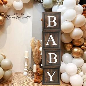 Wood Baby Shower Balloon Boxes, 4 Pcs Brown BABY Balloon Boxes with 30 Letter (A-Z + BABY) Wood Grain Printed for Boy Woodland Bear Baby Shower Party Decorations and Supplies