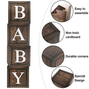 Wood Baby Shower Balloon Boxes, 4 Pcs Brown BABY Balloon Boxes with 30 Letter (A-Z + BABY) Wood Grain Printed for Boy Woodland Bear Baby Shower Party Decorations and Supplies