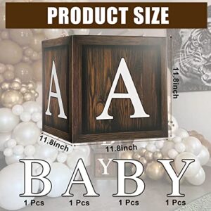 Wood Baby Shower Balloon Boxes, 4 Pcs Brown BABY Balloon Boxes with 30 Letter (A-Z + BABY) Wood Grain Printed for Boy Woodland Bear Baby Shower Party Decorations and Supplies