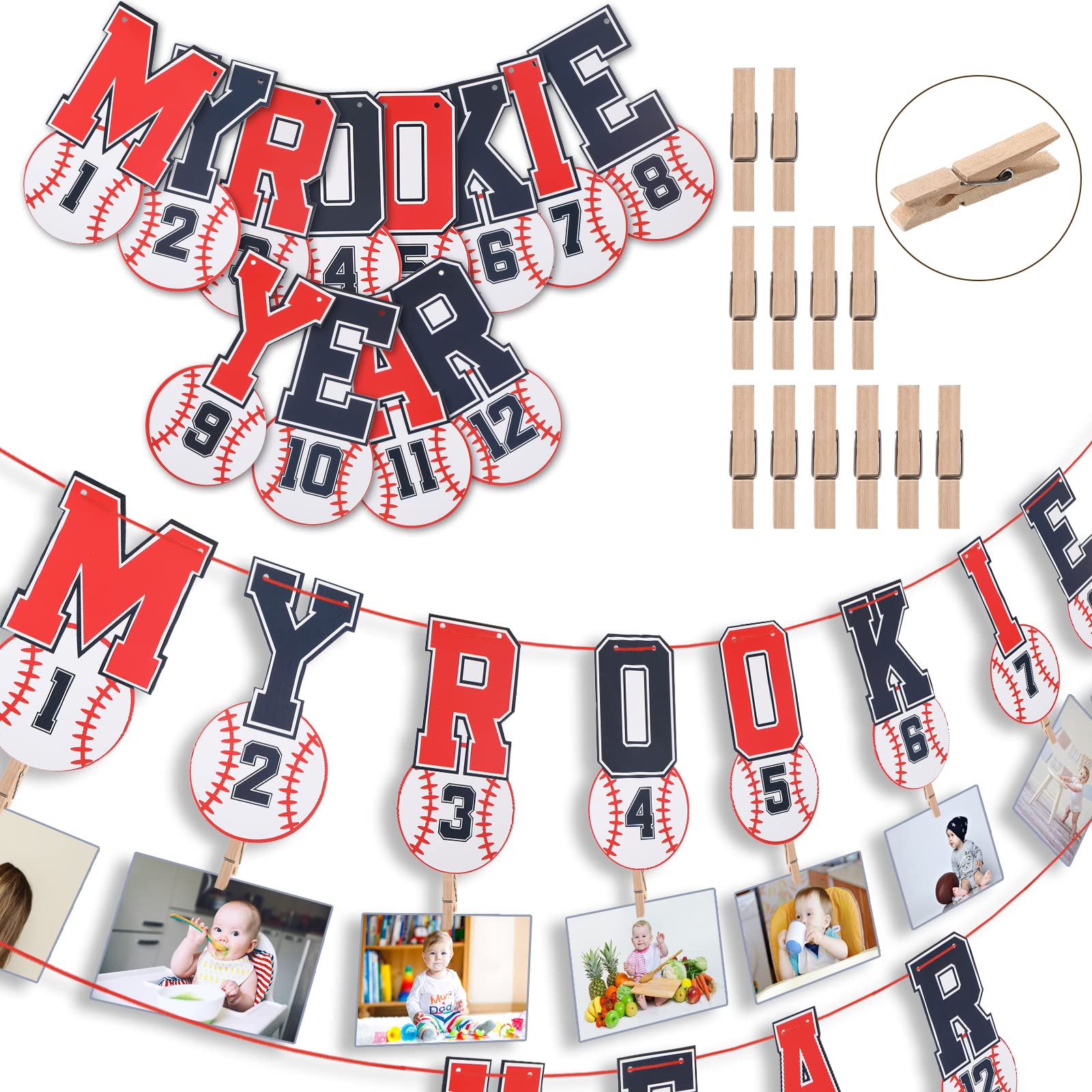 2 Pcs 1st Birthday Monthly Photo Banner Rookie of the Year 1st Birthday Banner Kid's 1st Year Picture Banner One Birthday High Chair Banner Sports Party Supplies Shower Decorations (Baseball)
