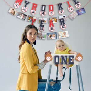 2 Pcs 1st Birthday Monthly Photo Banner Rookie of the Year 1st Birthday Banner Kid's 1st Year Picture Banner One Birthday High Chair Banner Sports Party Supplies Shower Decorations (Baseball)