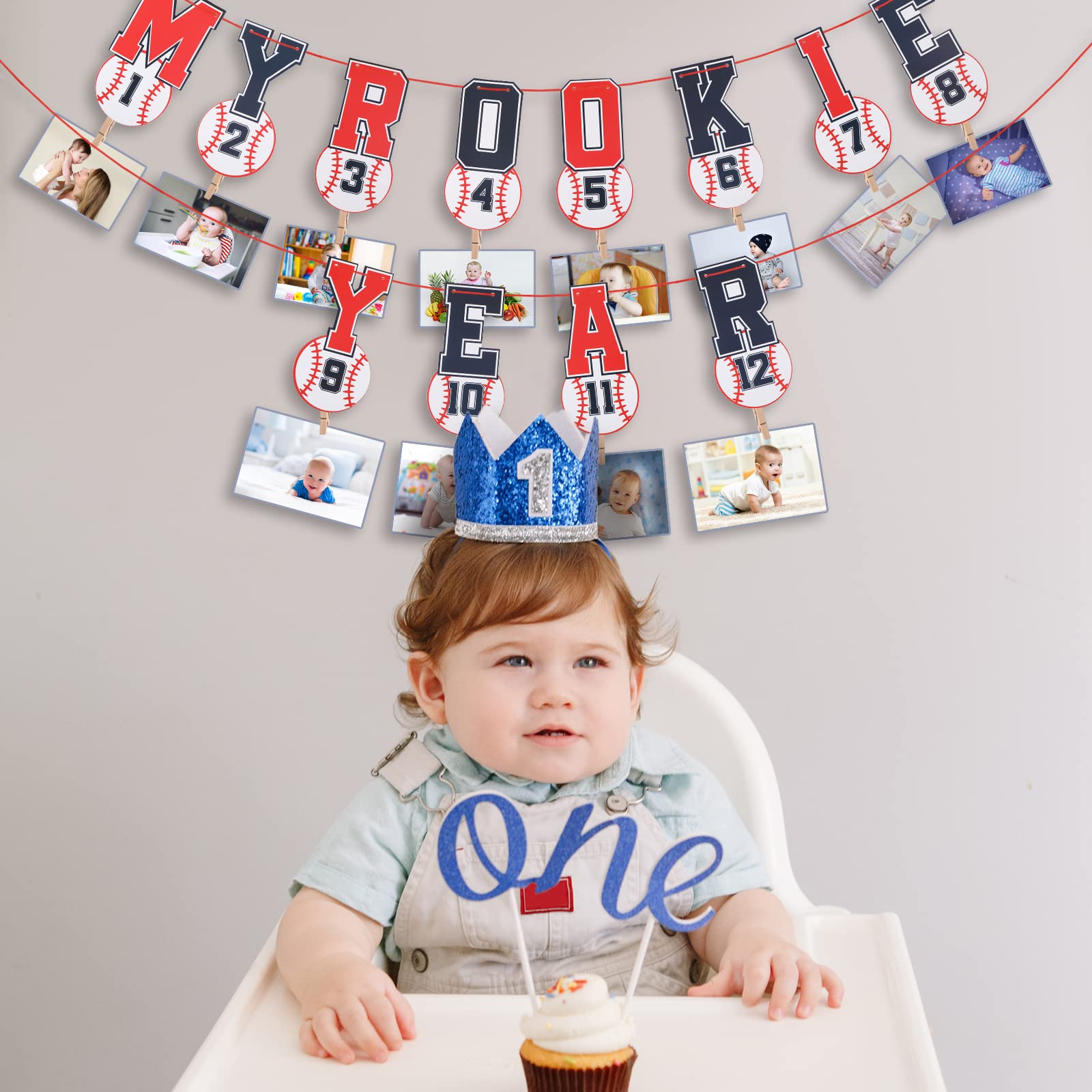 2 Pcs 1st Birthday Monthly Photo Banner Rookie of the Year 1st Birthday Banner Kid's 1st Year Picture Banner One Birthday High Chair Banner Sports Party Supplies Shower Decorations (Baseball)