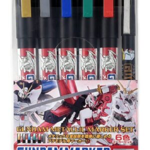 Mr Hobby GSI Creos Gundam Marker Metallic Set 6 Colors Metallic gold, Metallic silver, Metallic blue, Metallic green, Metallic red, Black GMS121 With Kanji LOVE Sticker, 5.94 x 2.99 x 1 in