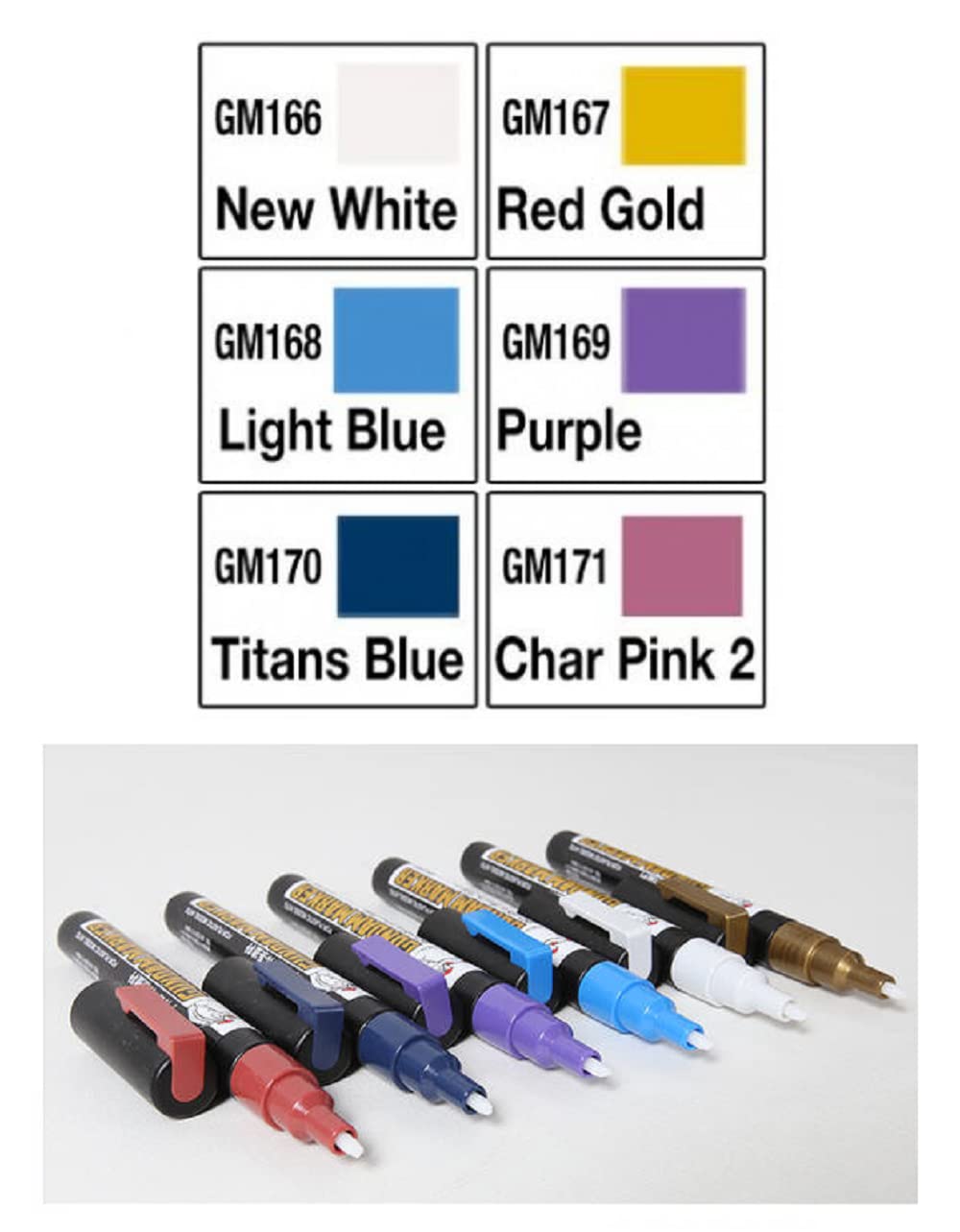 Mr Hobby GSI Creos Gundam Marker MSV Advance Set 6 Colors New white, Red gold, Light blue, Purple, Titans blue, Char pink GMS124 With Kanji LOVE Sticker, 5.98 x 5.98 x 0.5 in