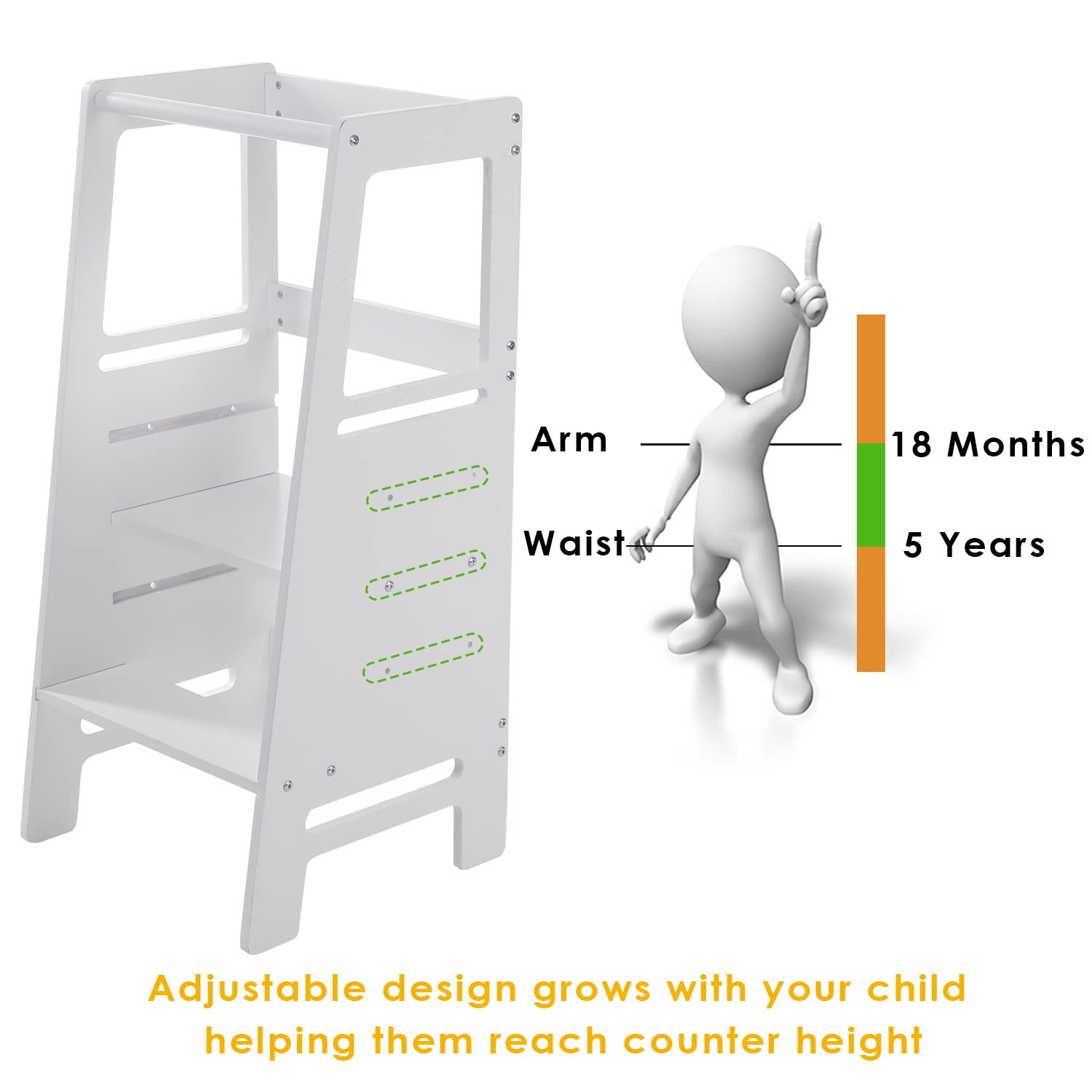 3 Height Settings Kitchen Step Stool for Toddlers and Kids with Safety Rails for Kitchen Counter Solid Wood (White, Height Adjustable)