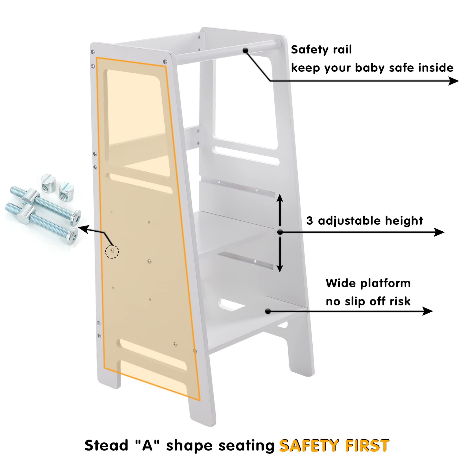 3 Height Settings Kitchen Step Stool for Toddlers and Kids with Safety Rails for Kitchen Counter Solid Wood (White, Height Adjustable)