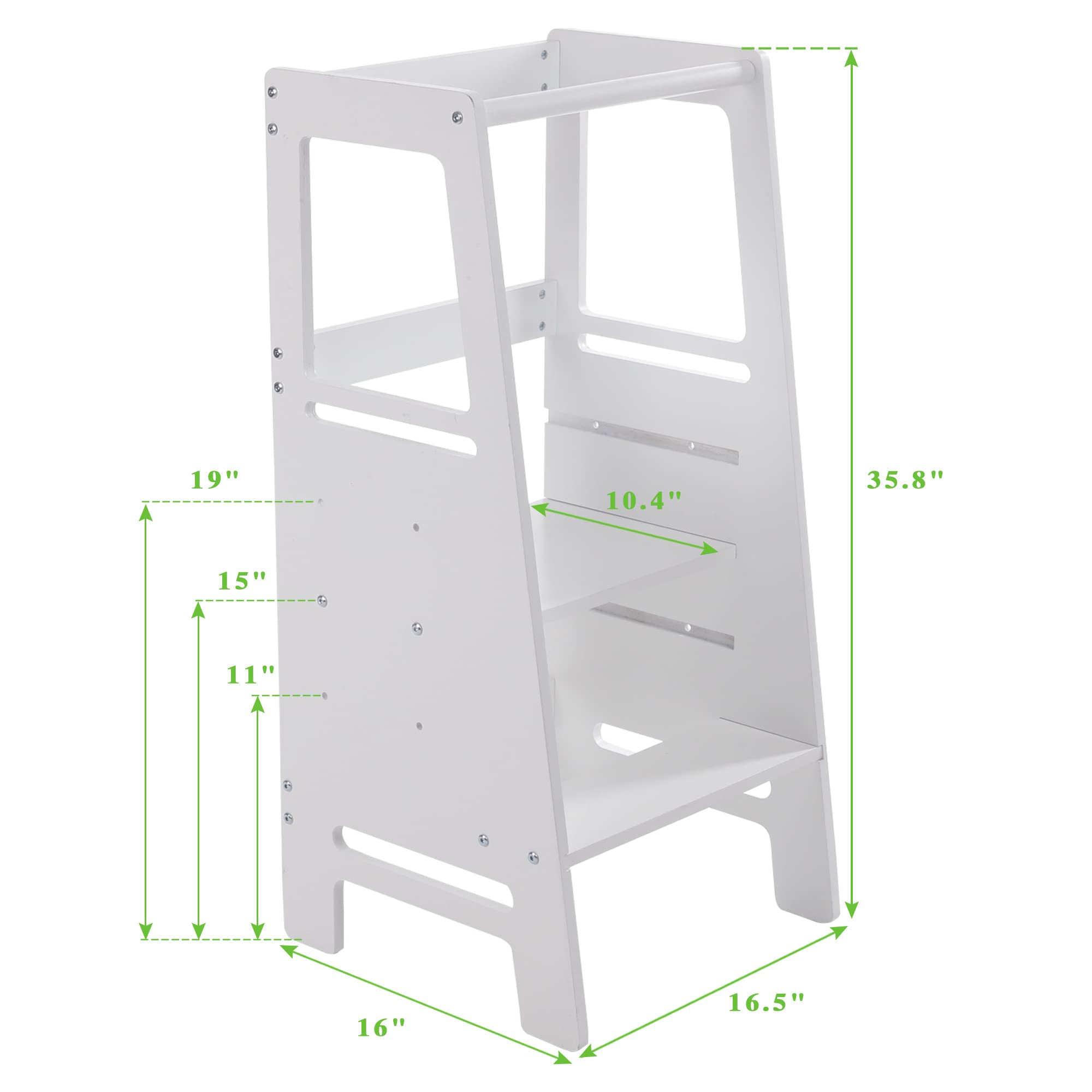 3 Height Settings Kitchen Step Stool for Toddlers and Kids with Safety Rails for Kitchen Counter Solid Wood (White, Height Adjustable)