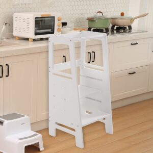 3 Height Settings Kitchen Step Stool for Toddlers and Kids with Safety Rails for Kitchen Counter Solid Wood (White, Height Adjustable)