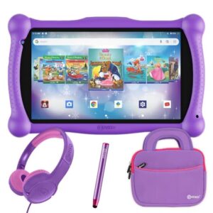contixo 7 inch kids learning tablet, bluetooth kids wireless headphone and tablet bag bundle with teacher approved apps and parent control - purple set