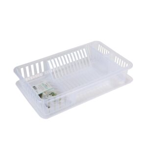 kitchen details medium dish rack with tray | dimensions: 18.11" x 11.02" x 3.45" | plastic | 12 plate | kitchen accessories | tray |cutlery basket | clear | sink accessories | clear