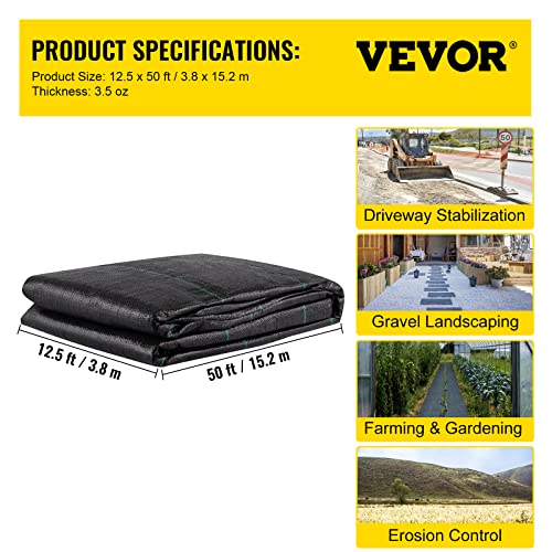 VEVOR Weed Fabric Barrier Heavy Duty, 12.5x50ft 3.5oz Weed Blocker Fabric, Woven Landscape Fabric, Garden Fabric Weed Barrier, Weed Control Fabric Ground Cover, Geotextile Fabric, Gardening Mat, Black