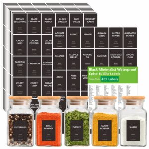 432 removable spice labels, 396 pre-printed herb seed seasoning sauce oil vinegar stickers, 36 blank ones, waterproof oil&tear resistant, no residue for kitchen pantry containers jars(white on black)