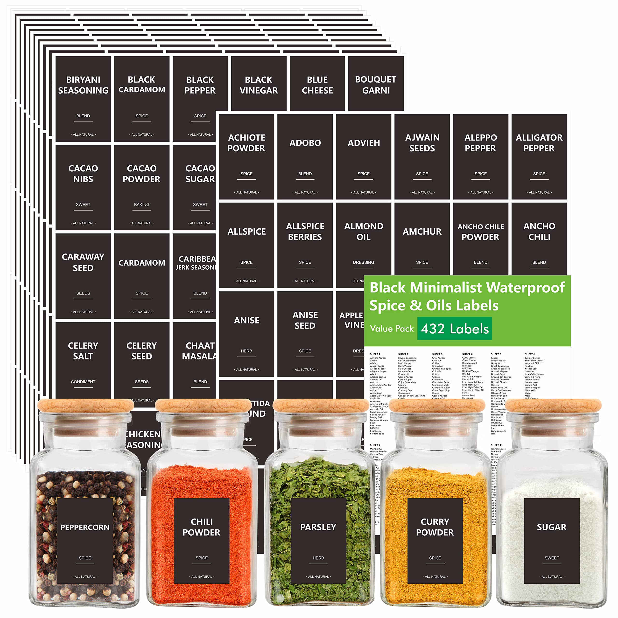 432 Removable Spice Labels, 396 Pre-Printed Herb Seed Seasoning Sauce Oil Vinegar Stickers, 36 Blank Ones, Waterproof Oil&Tear Resistant, No Residue for Kitchen Pantry Containers Jars(White on Black)