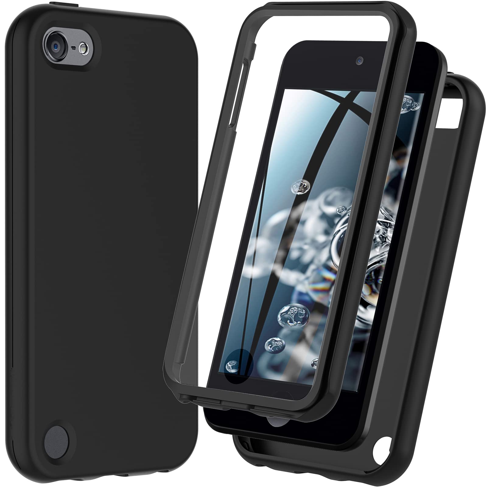 iPod Touch 7th/6th/5th Generation Case, iPod Touch case, Shockproof Silicone Case [with Built in Screen Protector] Full Body Heavy Duty Rugged Defender Cover Case for iPod Touch 7/6/5 (Black)