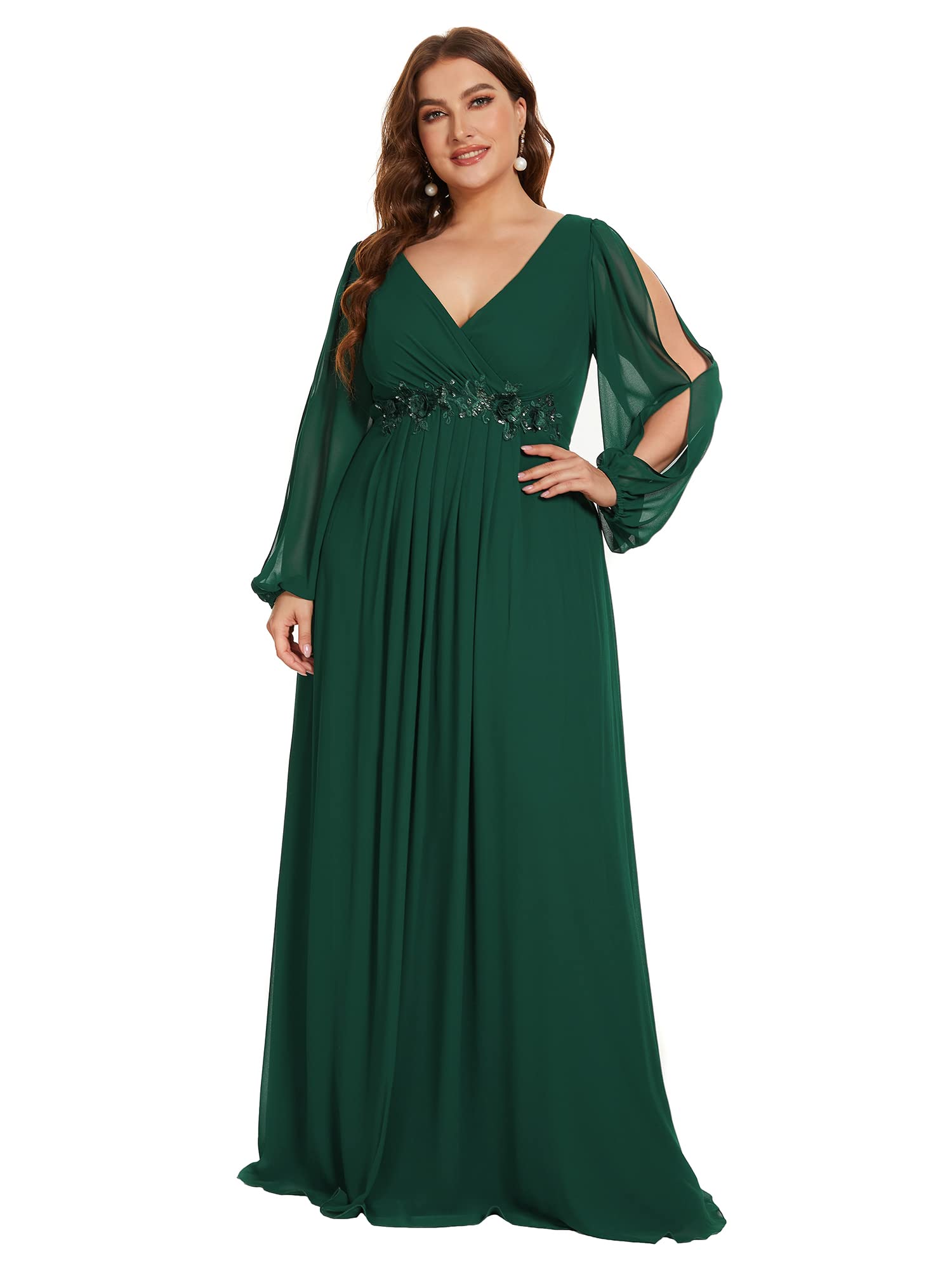 Ever-Pretty Plus Womens Floor-Length Plus Size A-line Ruched Dance Dress with Sleeves Green US18