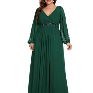 Ever-Pretty Plus Womens Floor-Length Plus Size A-line Ruched Dance Dress with Sleeves Green US18