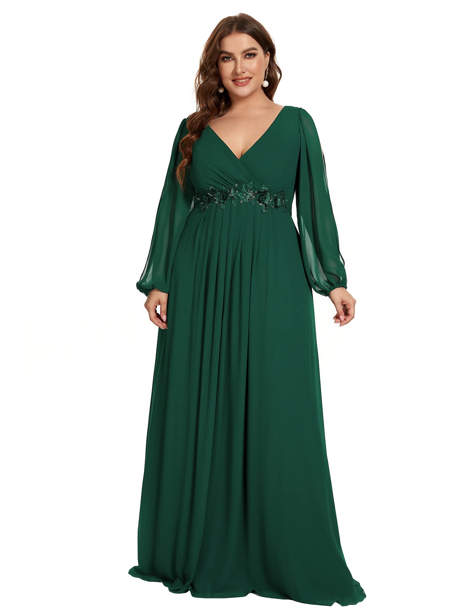 Ever-Pretty Plus Womens Floor-Length Plus Size A-line Ruched Dance Dress with Sleeves Green US18