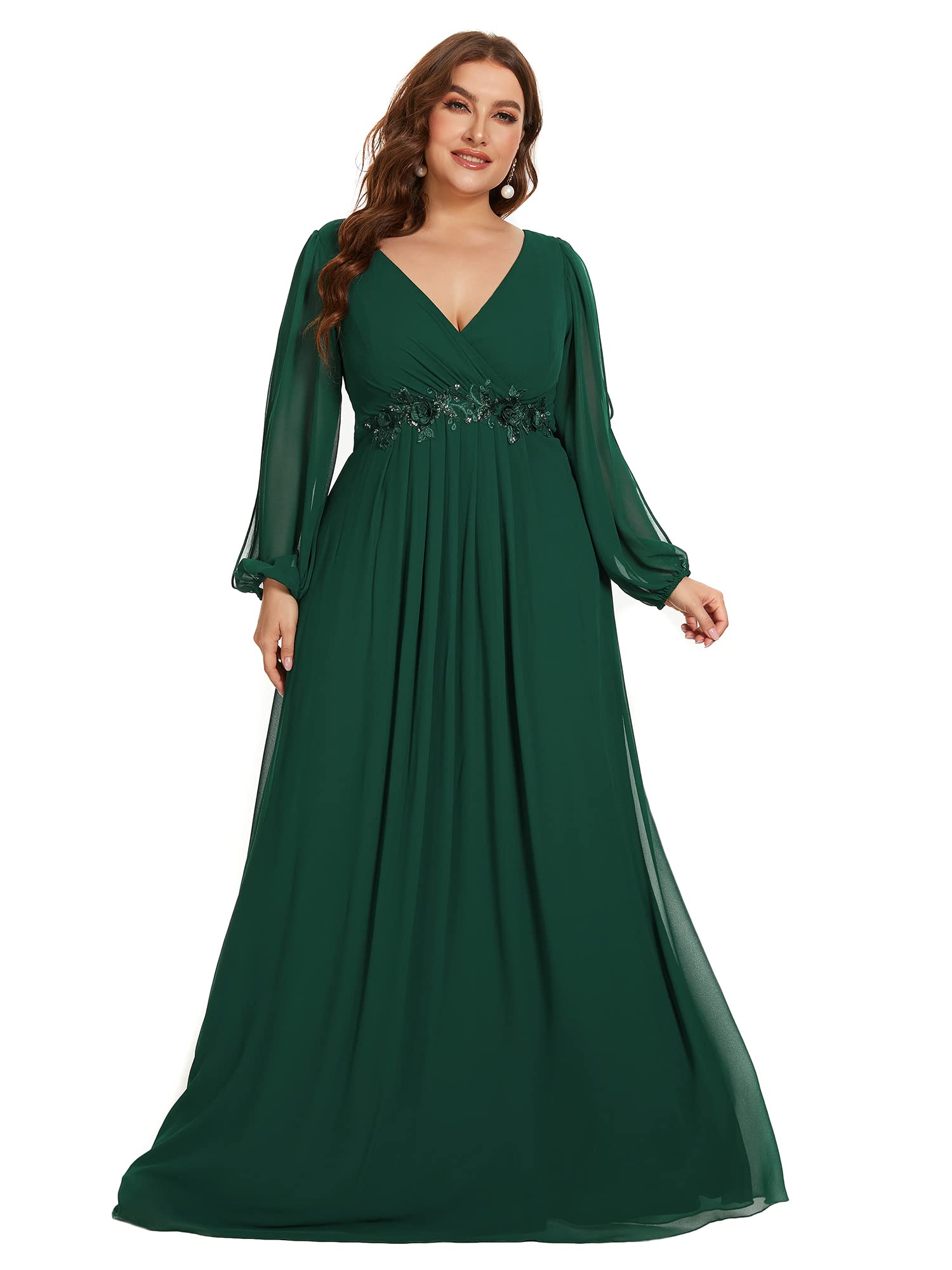 Ever-Pretty Plus Womens Floor-Length Plus Size A-line Ruched Dance Dress with Sleeves Green US18