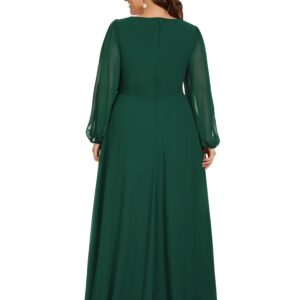 Ever-Pretty Plus Womens Floor-Length Plus Size A-line Ruched Dance Dress with Sleeves Green US18