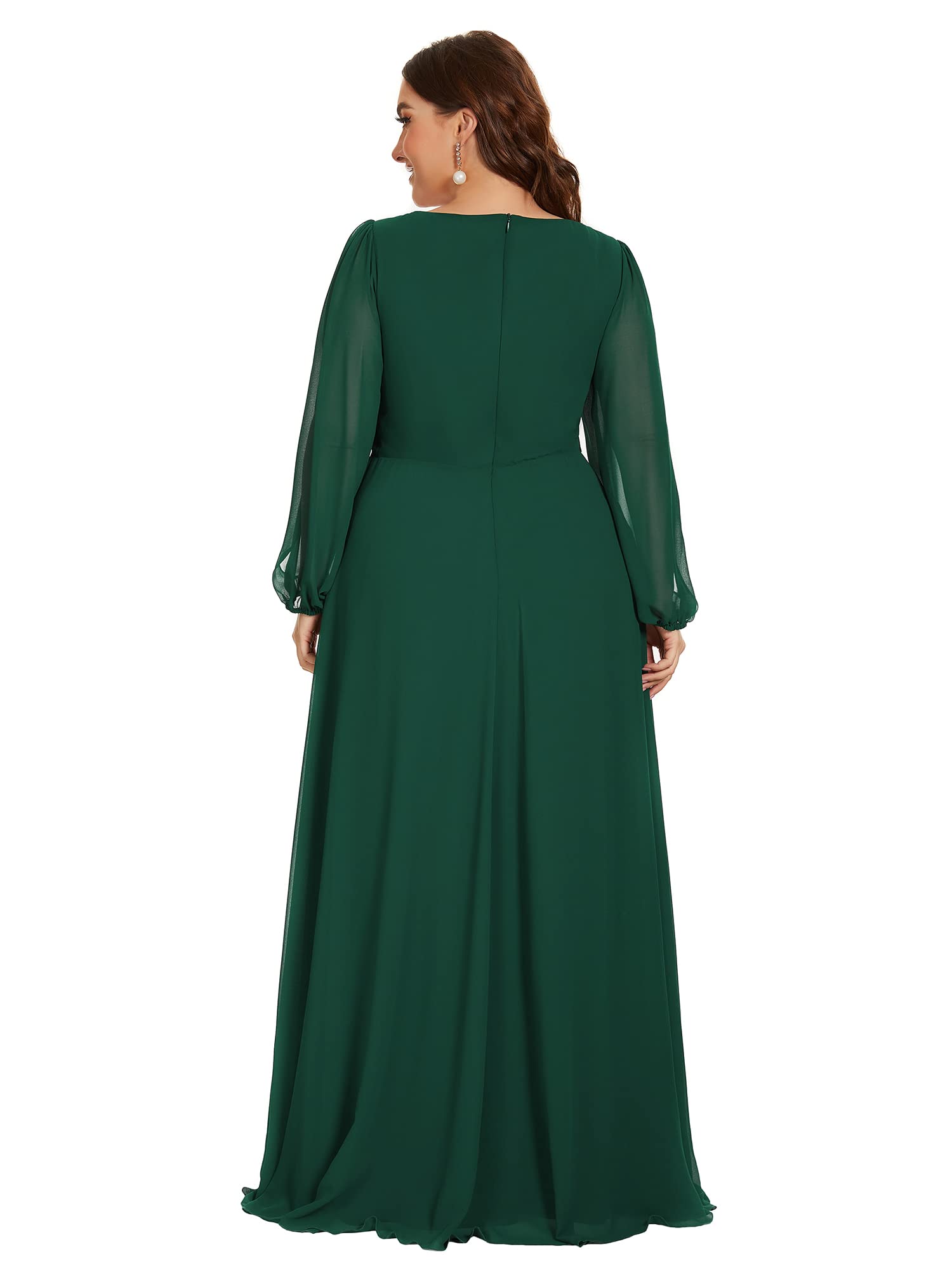 Ever-Pretty Plus Womens Floor-Length Plus Size A-line Ruched Dance Dress with Sleeves Green US18