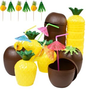 Haundry 18 Coconut Pineapple Cups with 18 Straws, 18 Cocktail Drink Picks, Hawaiian Luau Tiki and Beach Theme Party Decorations for Kids and Adults