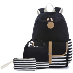 joyfulife school backpack for girls lightweight canvas backpack stripe backpack student bookbags teens backpack with lunch box pencil bag