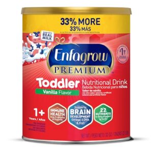 enfagrow premium toddler nutritional drink, natural vanilla flavor, omega-3 dha for brain support, prebiotics & vitamins for immune health, non-gmo, powder can, 32 oz