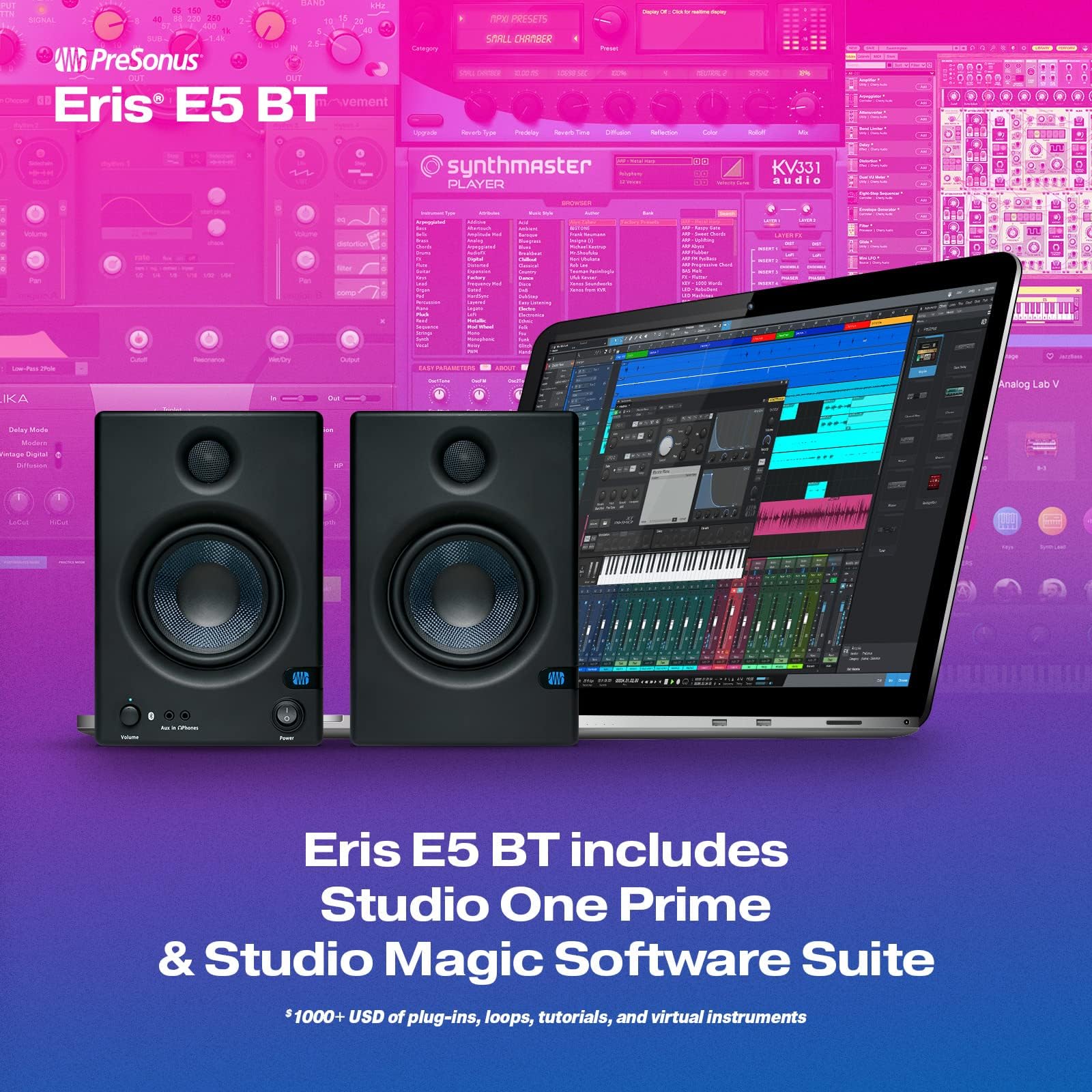 PreSonus Eris E5 BT-5.25" Near Field Studio Monitors with Bluetooth, 100W Power, Subwoofer Output, Plus Balanced and Unbalanced Inputs