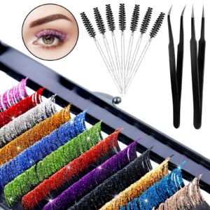 12 colored glitter lash extensions fan volume lashes colored individual eyelash extension self fanning eye lash tray with 12 disposable eyelash brush and 2 lash tweezers, 14-19 mm (0.18d)